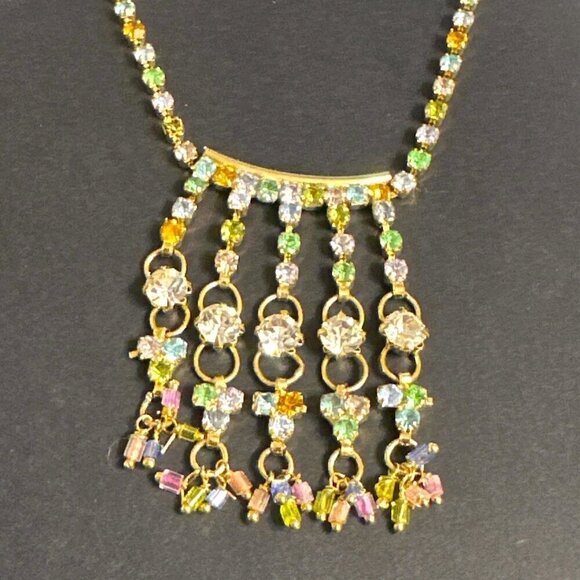 Chandelier Choker Necklace Crystal Fringe Gold Tone Chain - Picture 4 of 5